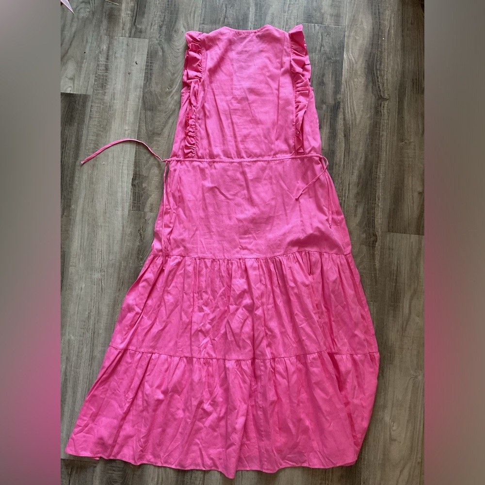 Stark X Levi Tiered V-Neck Flutter Sleeve Midi Dress Hot Pink - Picture 5 of 5